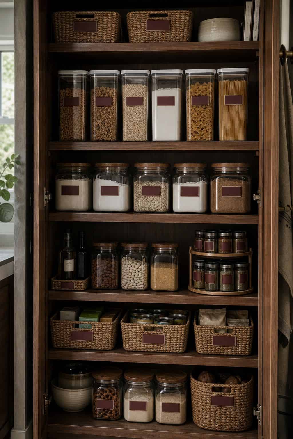 Labeled pantry containers and baskets arranged on walnut cabinet shelves