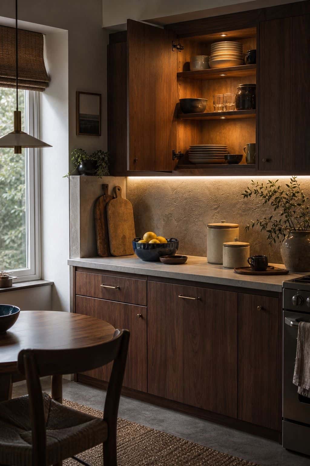Warm under-cabinet lighting illuminating a walnut kitchen counter and open shelves
