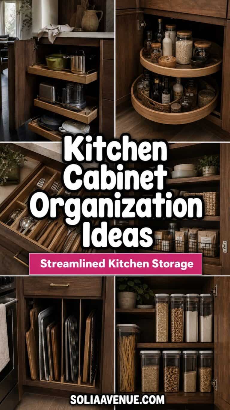 Pinterest collage of kitchen cabinet organization ideas with pull-out shelves, bins, racks, and pantry containers