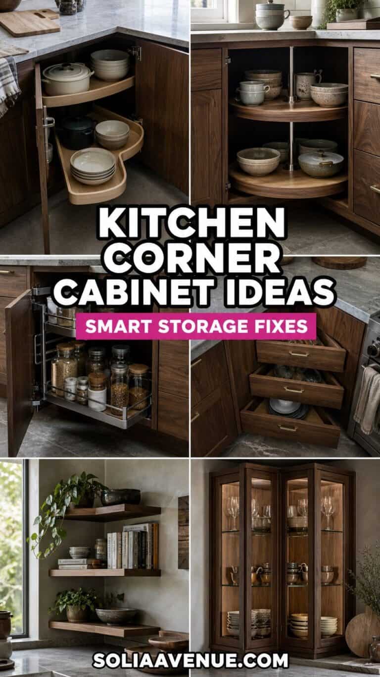 Pinterest pin for kitchen corner cabinet ideas with smart storage fixes and walnut cabinet organizers