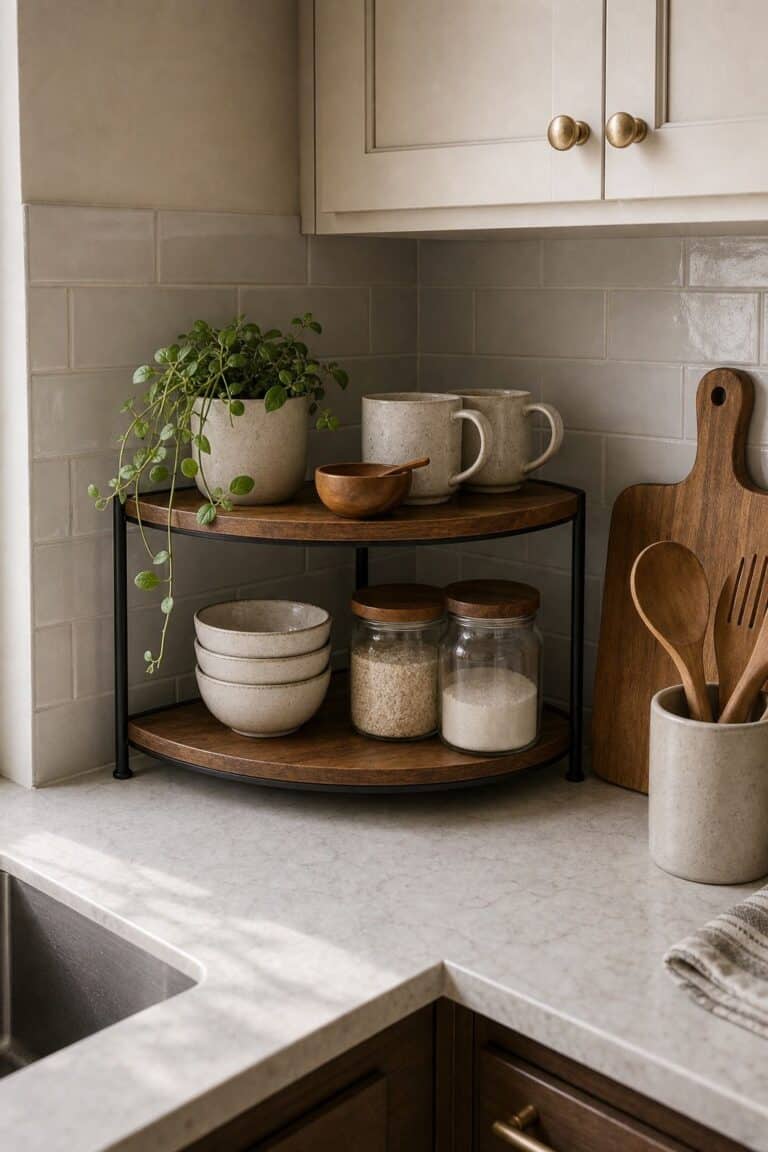 Tiered Shelf Riser small apartment idea for Top 17 Kitchen Counter Corner Decor Ideas for Functional Beauty.