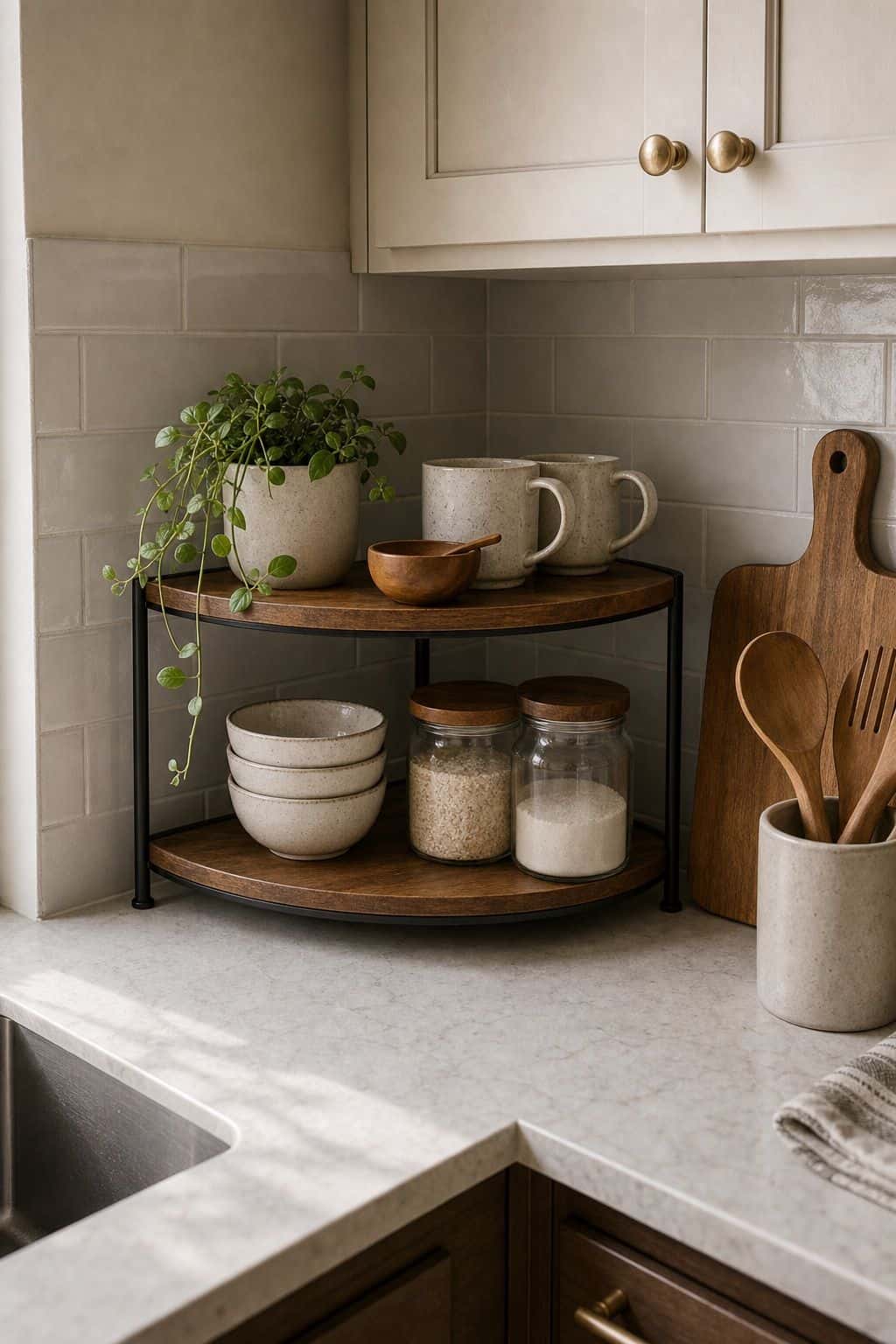 Tiered Shelf Riser small apartment idea for Top 17 Kitchen Counter Corner Decor Ideas for Functional Beauty.