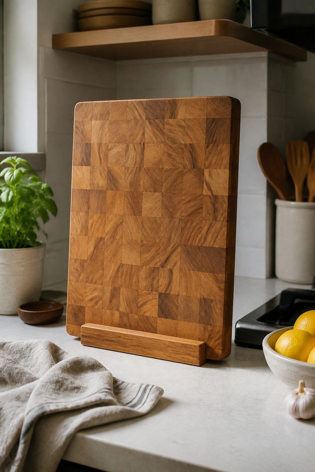 End-Grain Teak Cutting Board with Stand small apartment idea for 15 Kitchen Decor Essentials From Amazon for a Beautiful, Functional Space.