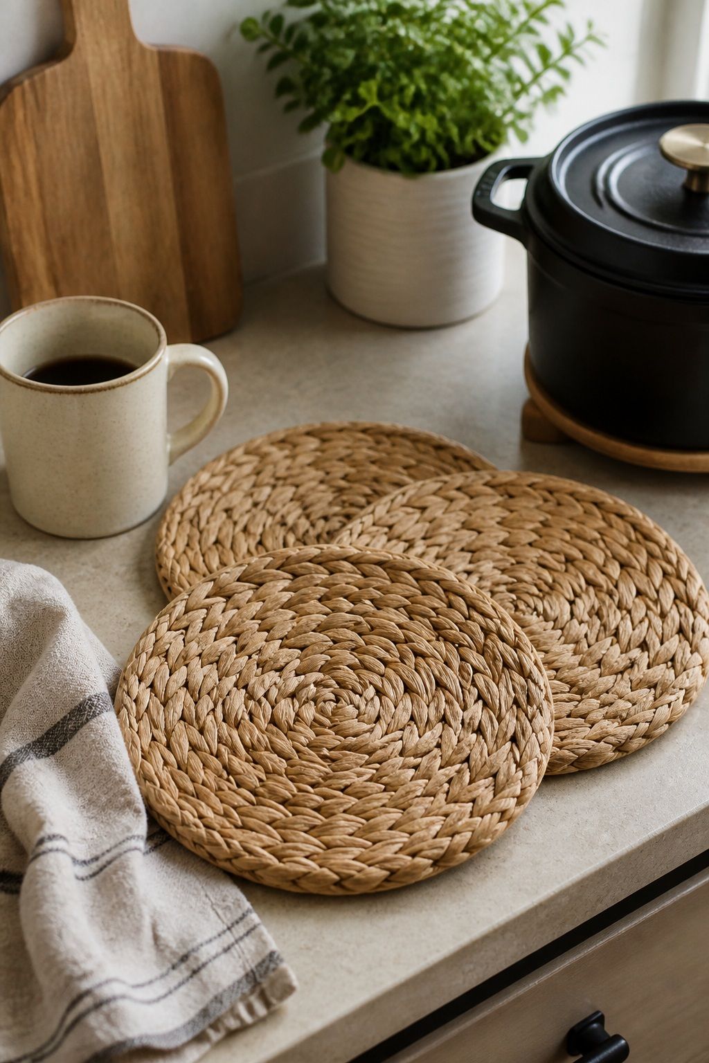 Handwoven Seagrass Trivets Set of 3 small apartment idea for 15 Kitchen Decor Essentials From Amazon for a Beautiful, Functional Space.