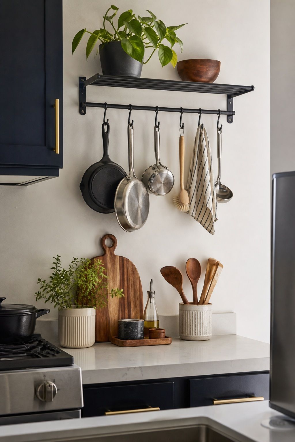 Wall-Mounted Pot Rack with Hooks 24-inch small apartment idea for 15 Kitchen Decor Essentials From Amazon for a Beautiful, Functional Space.