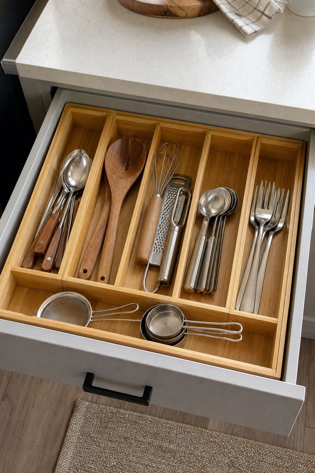 Expandable Bamboo Drawer Organizer 5-Compartment small apartment idea for 15 Kitchen Decor Essentials From Amazon for a Beautiful, Functional Space.