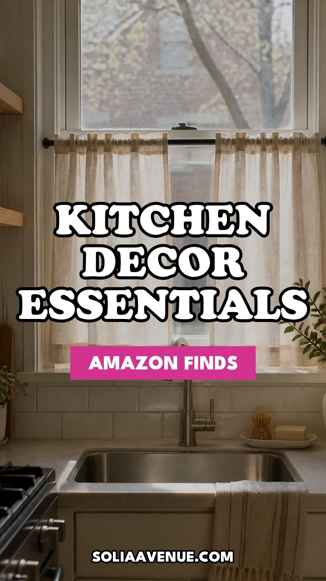 Pinterest pin for 15 Kitchen Decor Essentials From Amazon for a Beautiful, Functional Space from Solia Avenue.