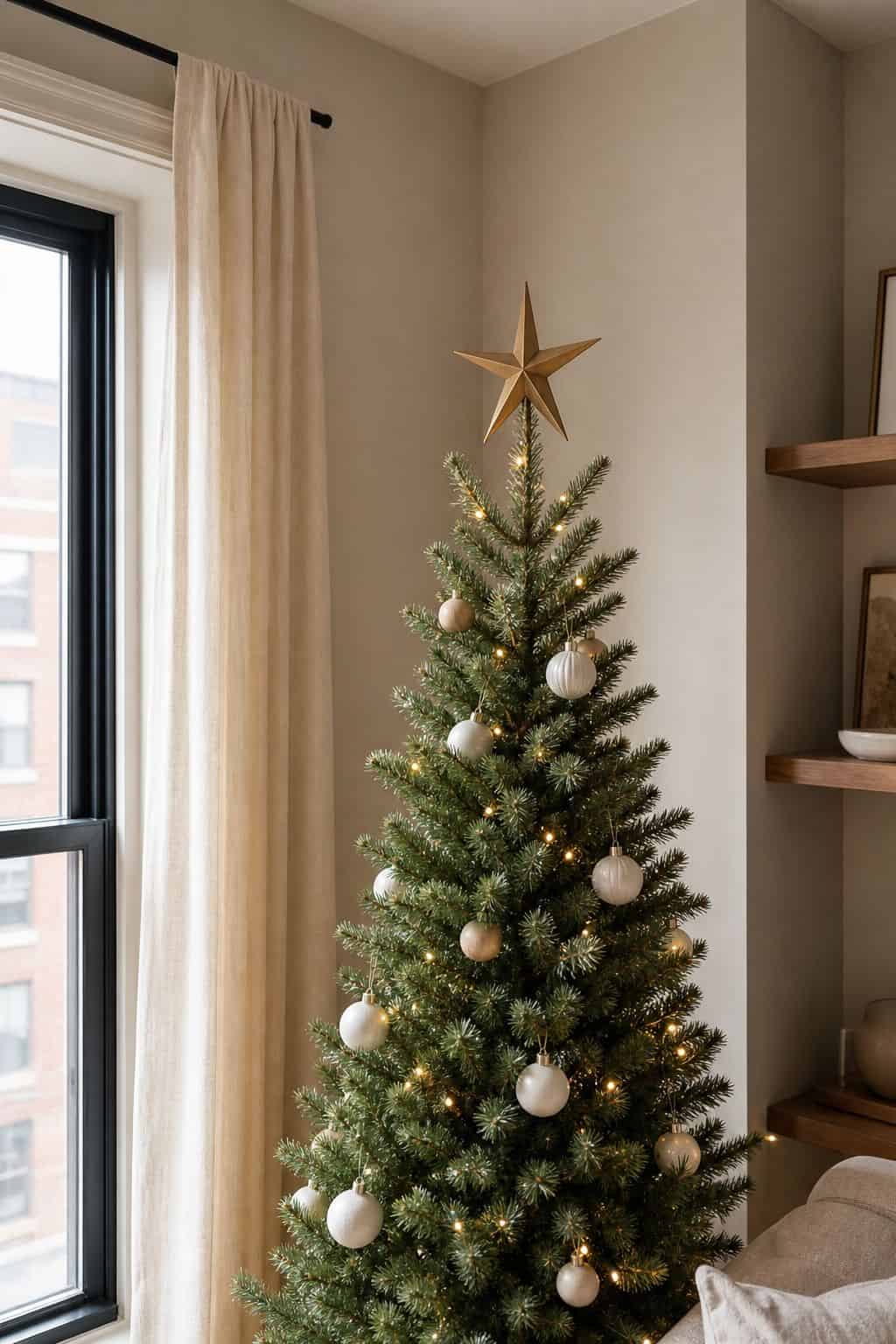 Choose a Slim Wood or Metal Star Topper small apartment idea for Top 18 Minimalist Christmas Decor Ideas for Small Apartments.