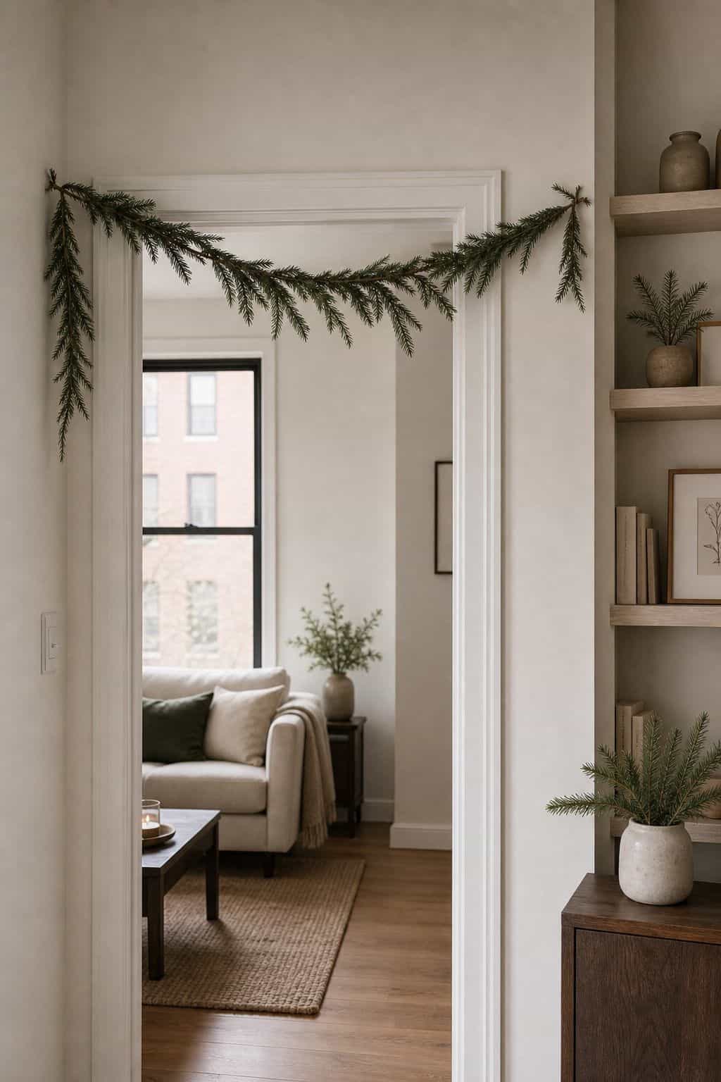 Hang a Sparse Single-Green Garland small apartment idea for Top 18 Minimalist Christmas Decor Ideas for Small Apartments.