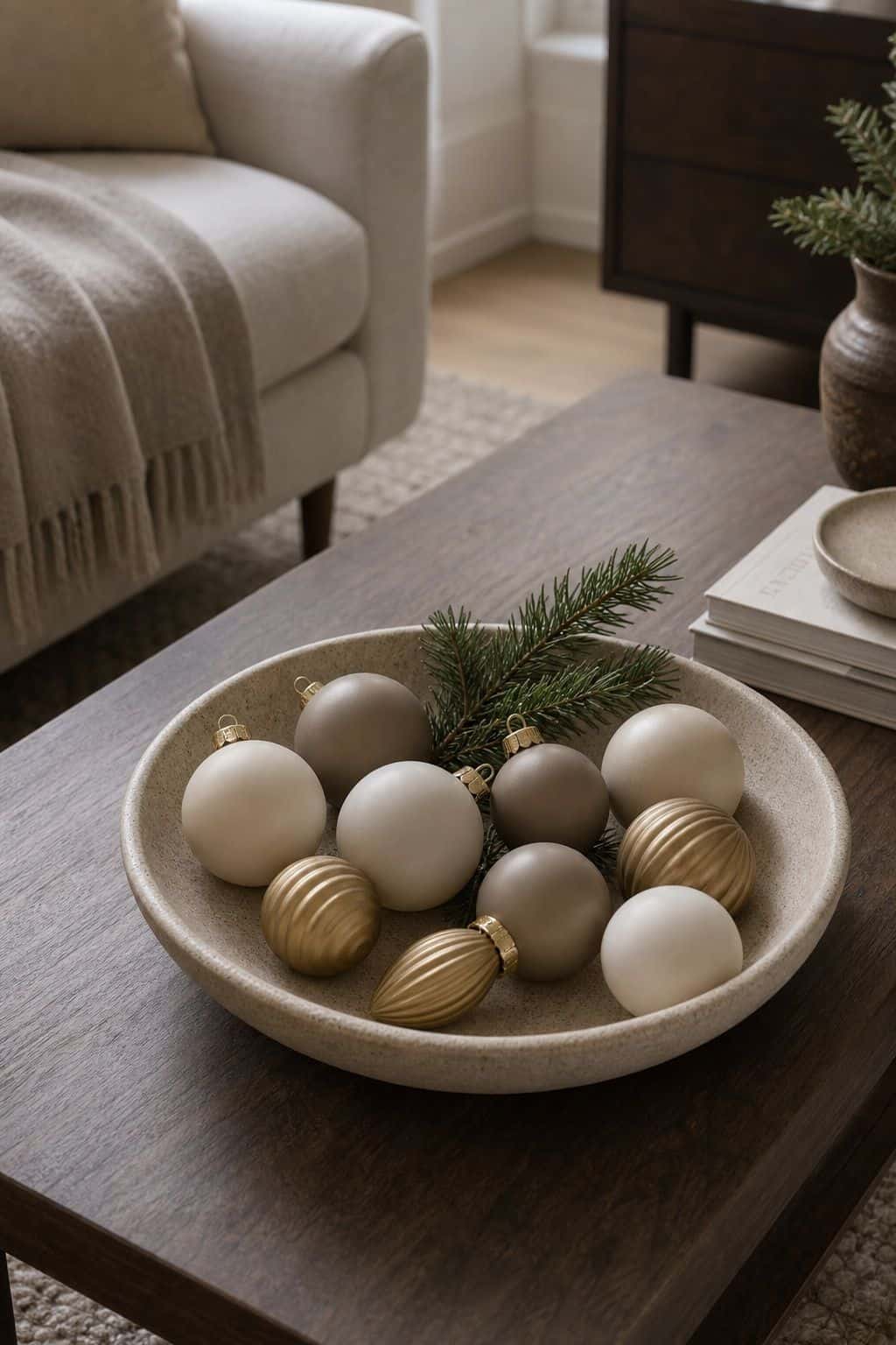 Group Matte Ornaments on a Shallow Tray small apartment idea for Top 18 Minimalist Christmas Decor Ideas for Small Apartments.