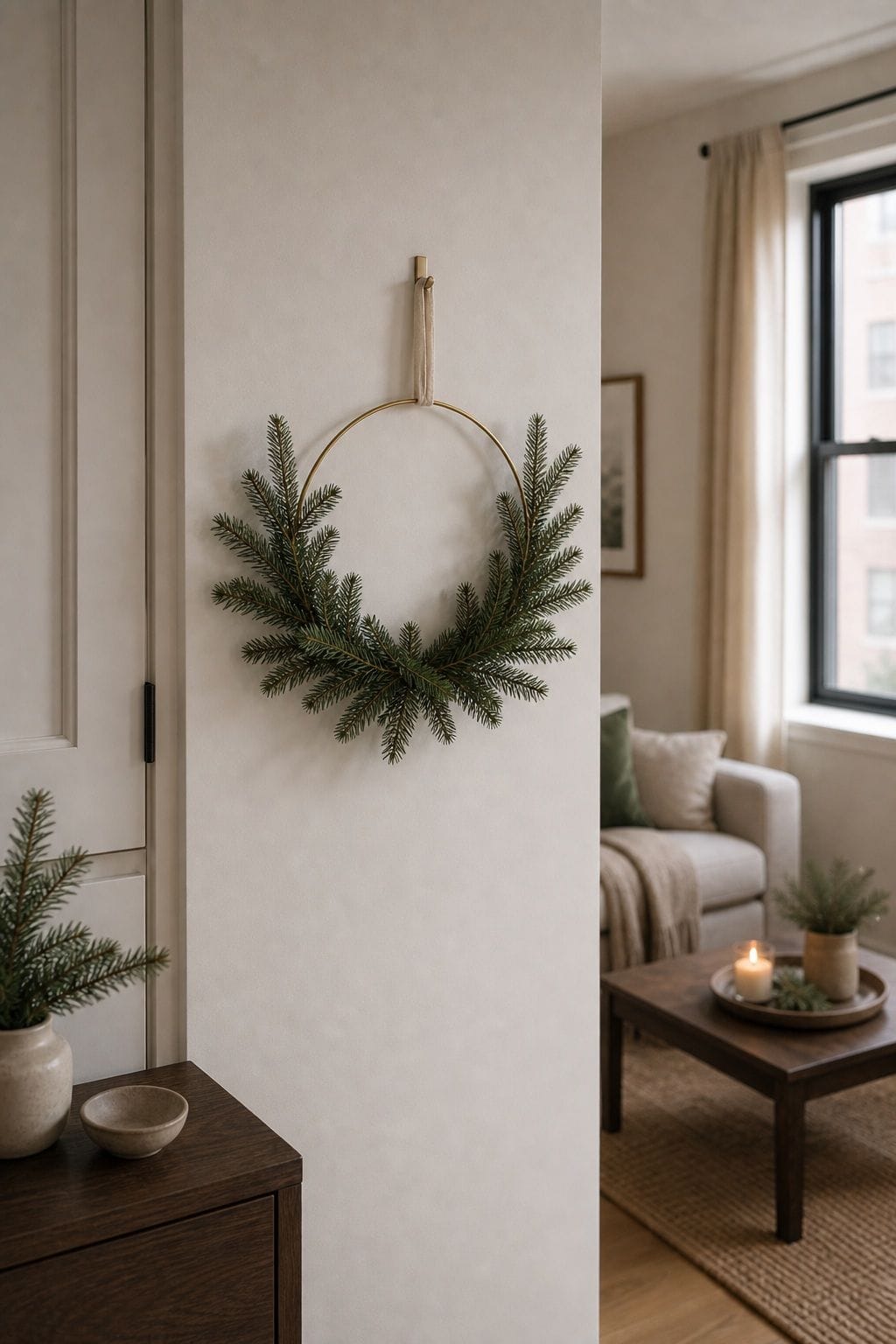 Hang a Simple Hoop or Single-Green Wreath small apartment idea for Top 18 Minimalist Christmas Decor Ideas for Small Apartments.