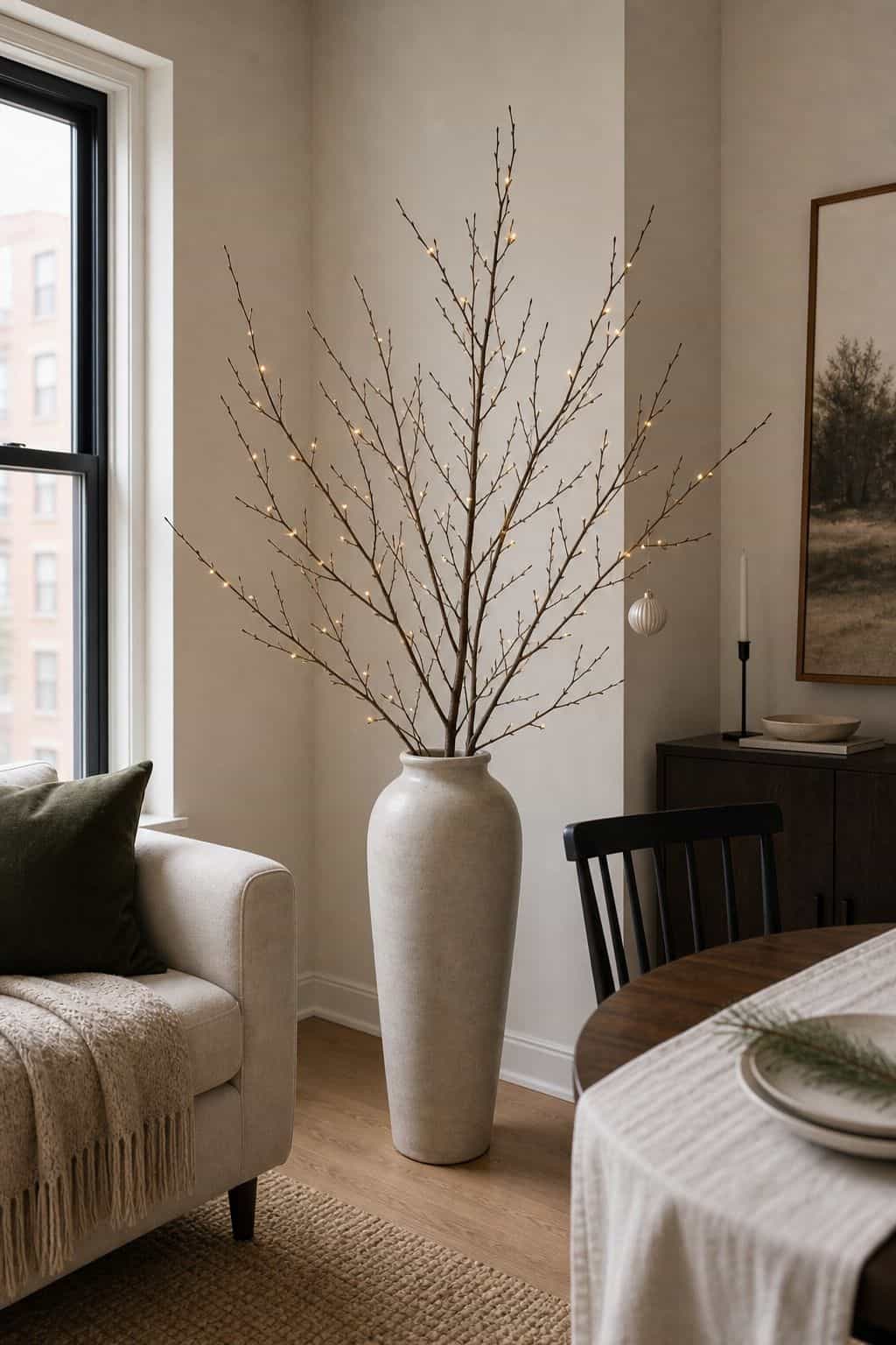 Style a Bare-Branch Tree in a Tall Vase small apartment idea for Top 18 Minimalist Christmas Decor Ideas for Small Apartments.