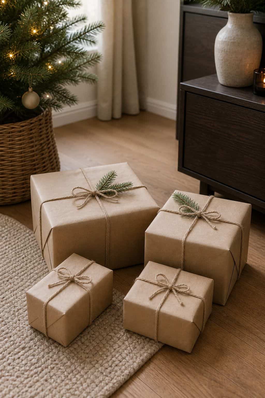 Wrap Gifts in Monochrome Kraft Paper small apartment idea for Top 18 Minimalist Christmas Decor Ideas for Small Apartments.