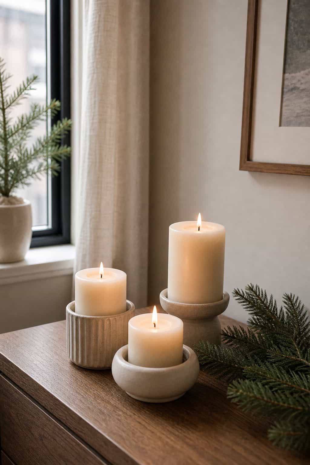 Add Candles for Warmth, Not Quantity small apartment idea for Top 18 Minimalist Christmas Decor Ideas for Small Apartments.