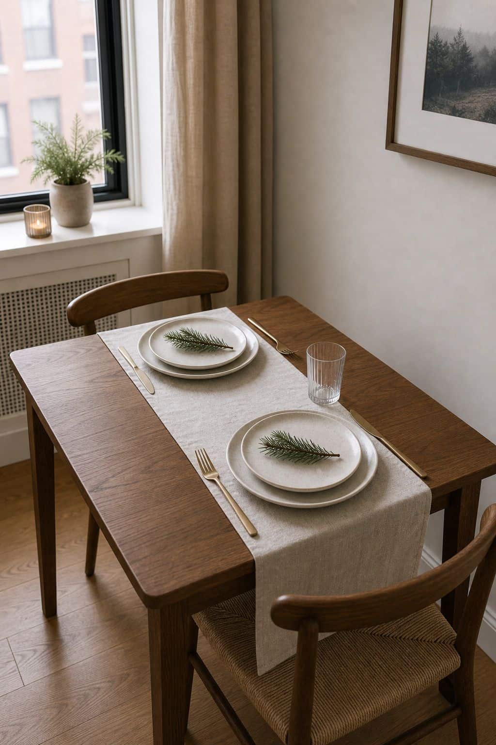 Set a Spare, Neutral Table small apartment idea for Top 18 Minimalist Christmas Decor Ideas for Small Apartments.
