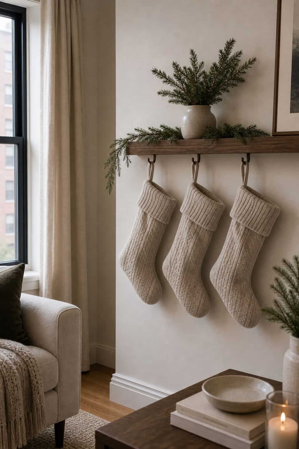 Hang Stockings in Matching Neutrals small apartment idea for Top 18 Minimalist Christmas Decor Ideas for Small Apartments.