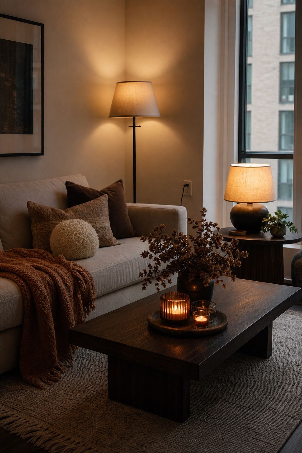 Build a Cocoon of Layered Lighting small apartment idea for Top 16 Moody Fall Decor Ideas for Small Apartments.