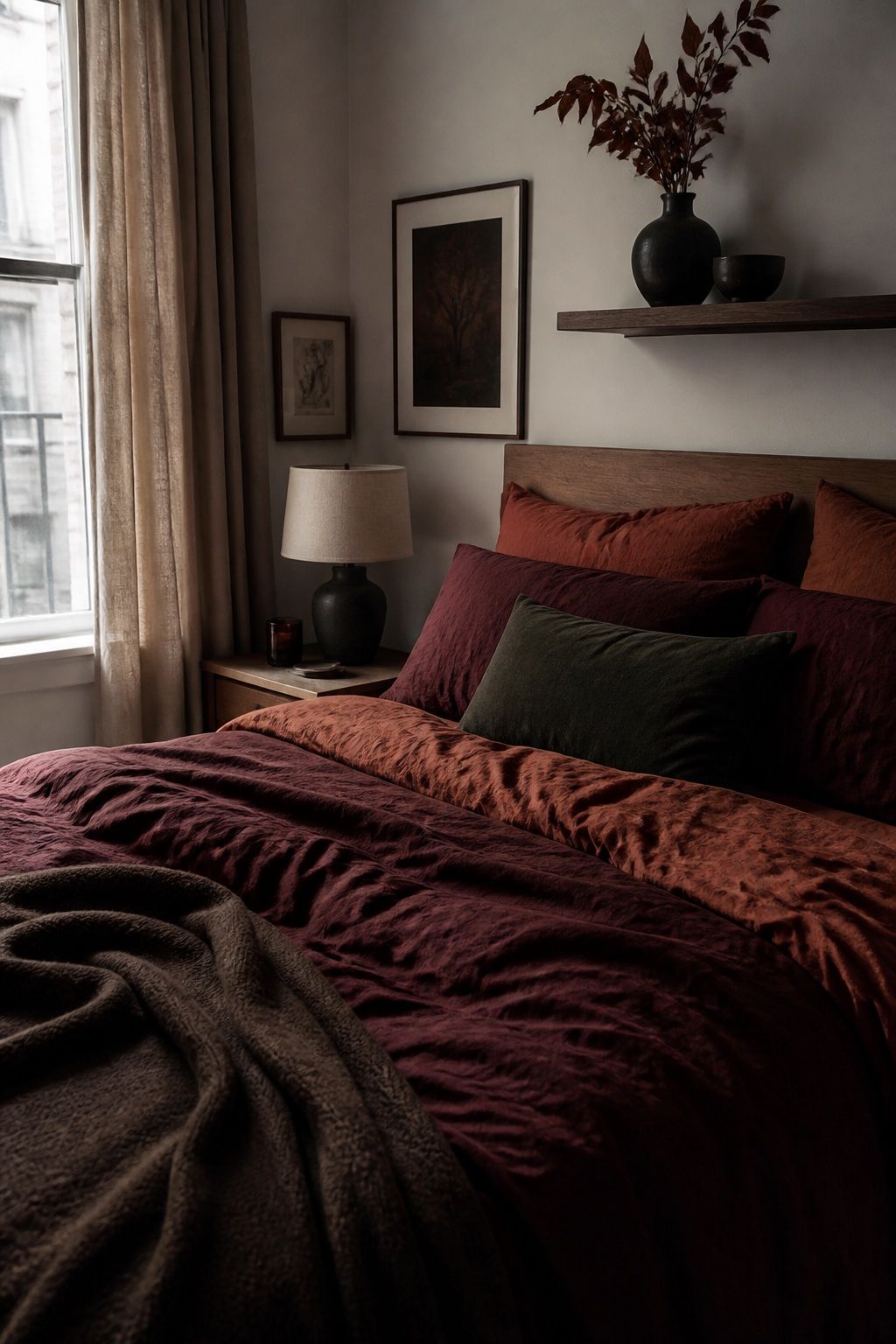 Choose Deep, Warm Bedding for the Bedroom small apartment idea for Top 16 Moody Fall Decor Ideas for Small Apartments.