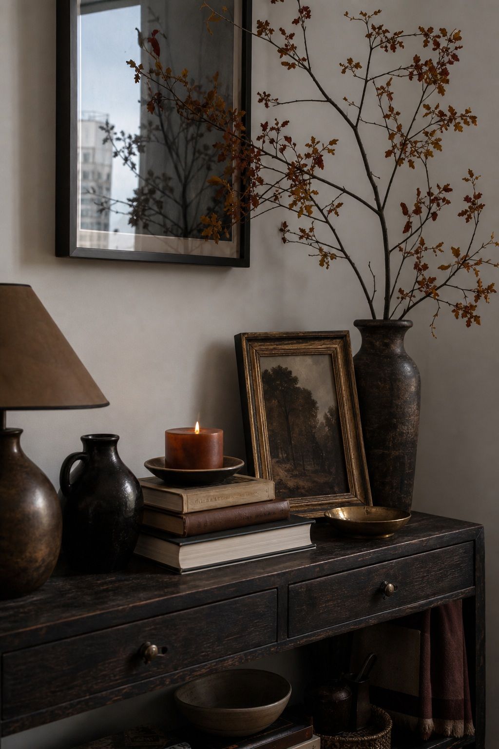 Group Decor in Soulful, Collected Vignettes small apartment idea for Top 16 Moody Fall Decor Ideas for Small Apartments.