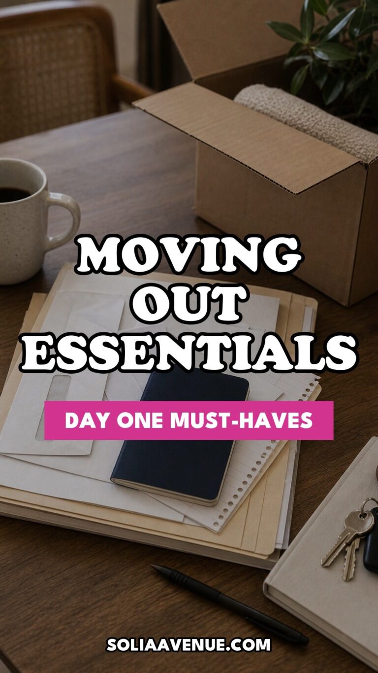 Pinterest pin for Top 17 Moving Out Essentials You Need to Keep Close on Day One from Solia Avenue.