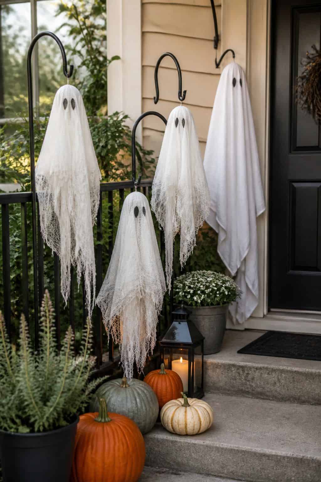 Make Cheesecloth and Sheet Ghosts small apartment idea for Top 20 Outdoor Halloween Decor Ideas to Transform Your Yard.