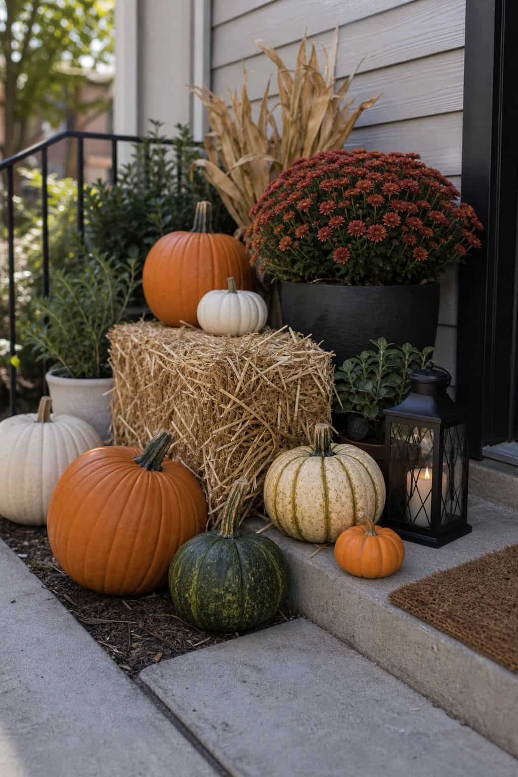 Cluster Pumpkins With Hay Bales small apartment idea for Top 20 Outdoor Halloween Decor Ideas to Transform Your Yard.