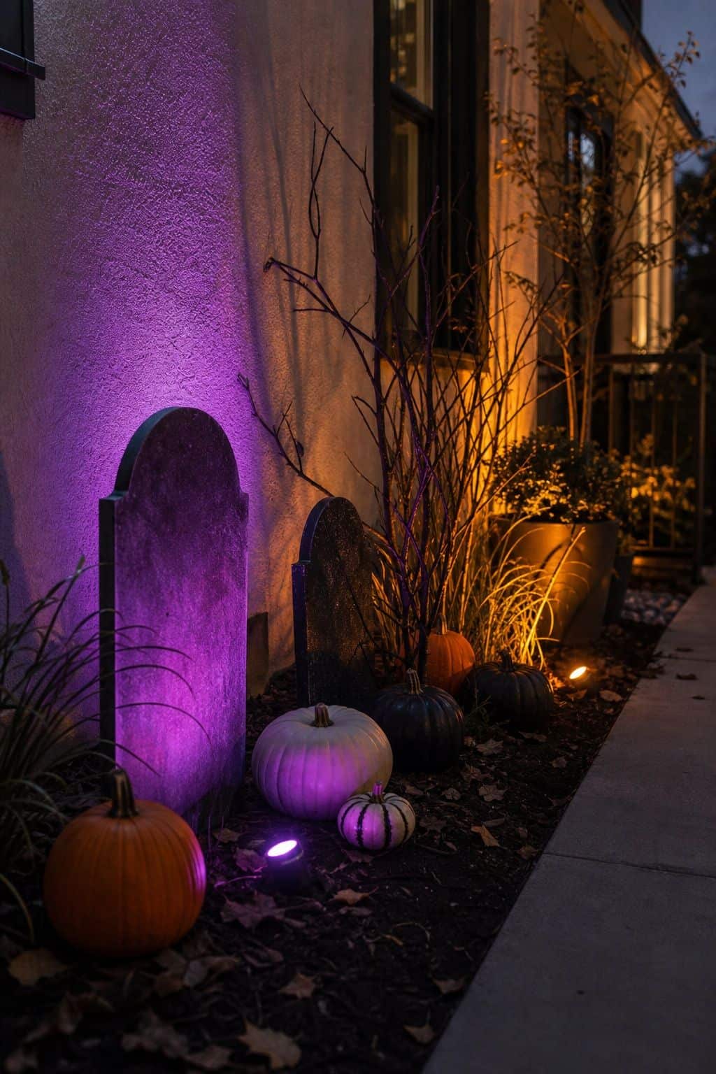 Light the Yard With Colored Spotlights small apartment idea for Top 20 Outdoor Halloween Decor Ideas to Transform Your Yard.