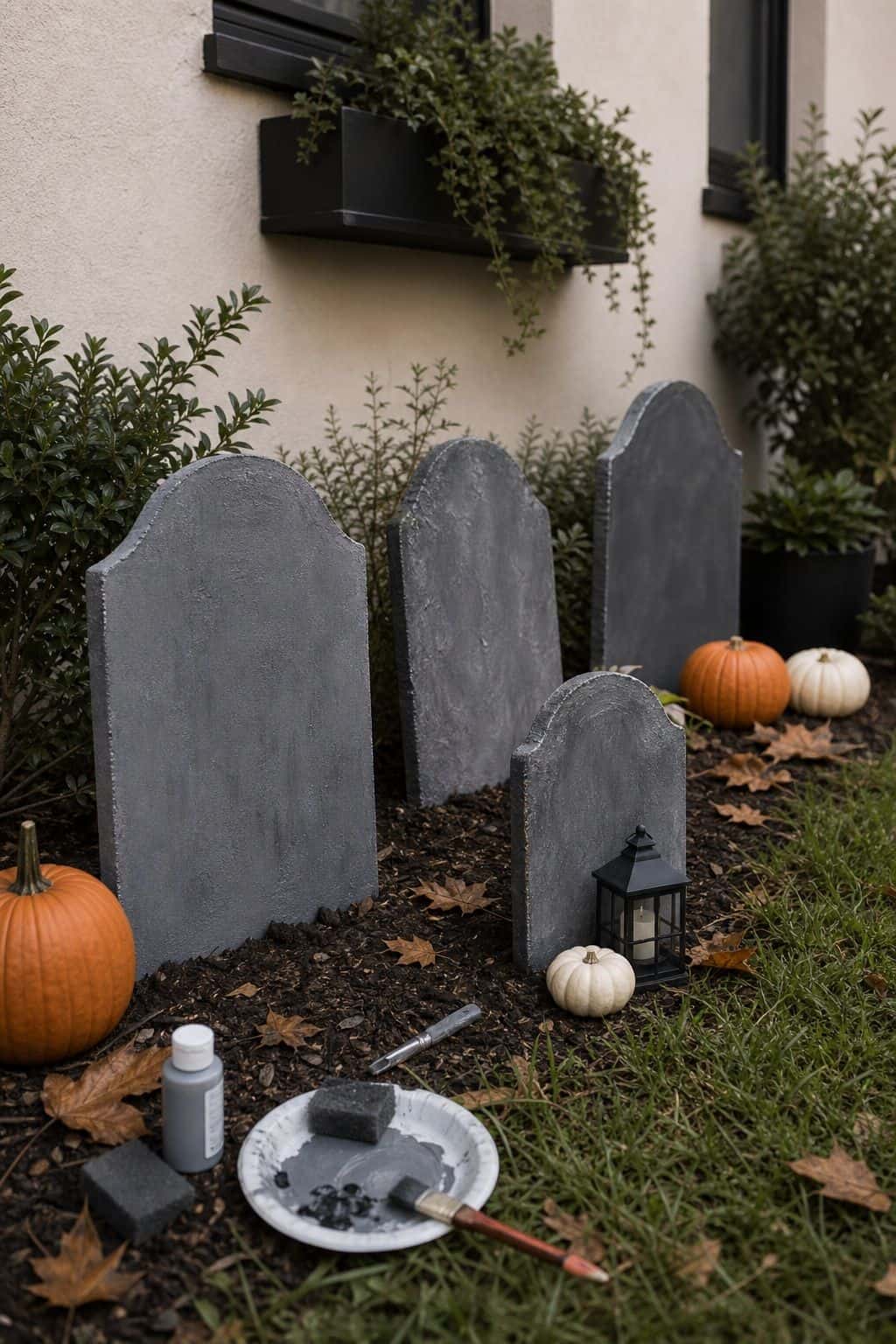 Make DIY Foam Board Tombstones small apartment idea for Top 20 Outdoor Halloween Decor Ideas to Transform Your Yard.