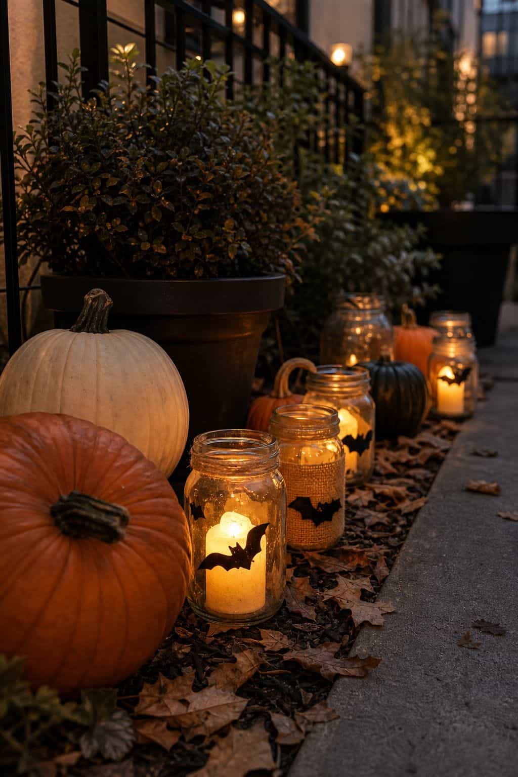 Glow the Yard With Mason Jar Lanterns small apartment idea for Top 20 Outdoor Halloween Decor Ideas to Transform Your Yard.