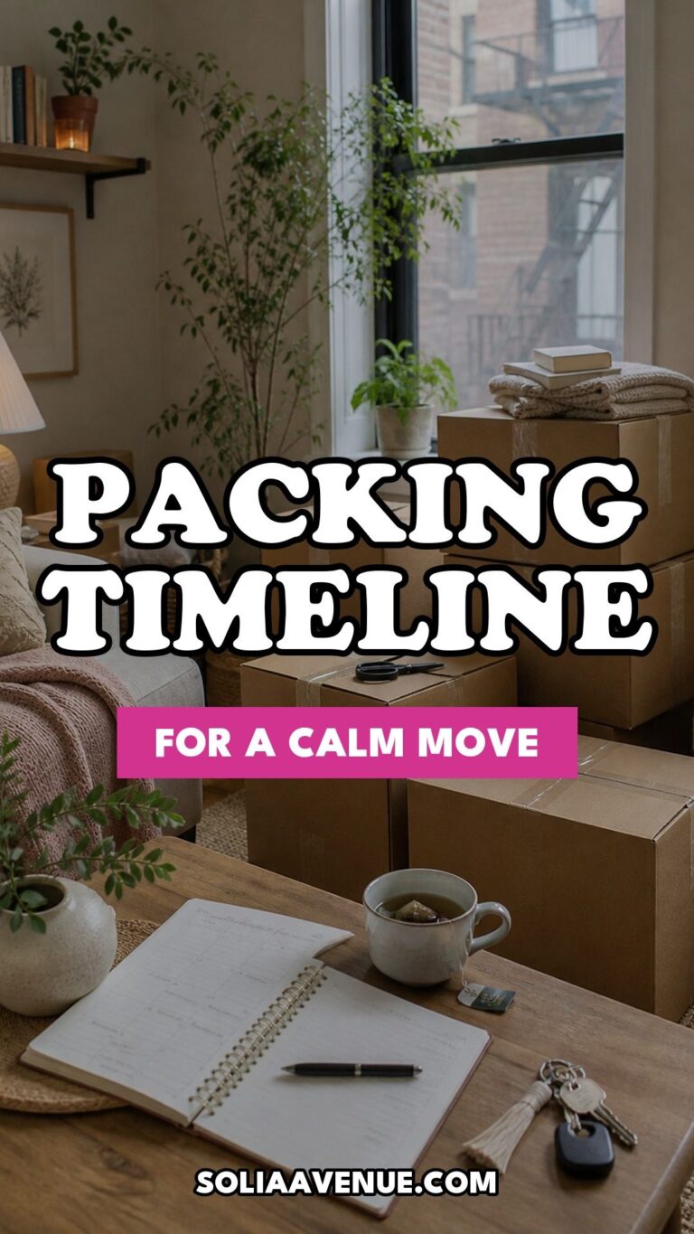 Pinterest pin for Your Week-by-Week Packing Timeline for a Calm Move from Solia Avenue.