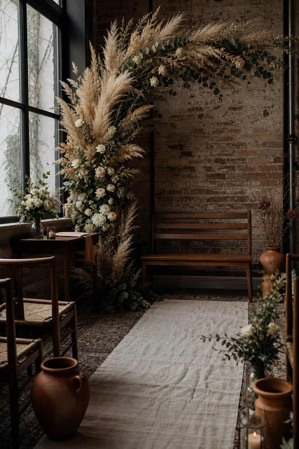 Asymmetrical pampas grass wedding arch with eucalyptus, cream roses, and terracotta vessels