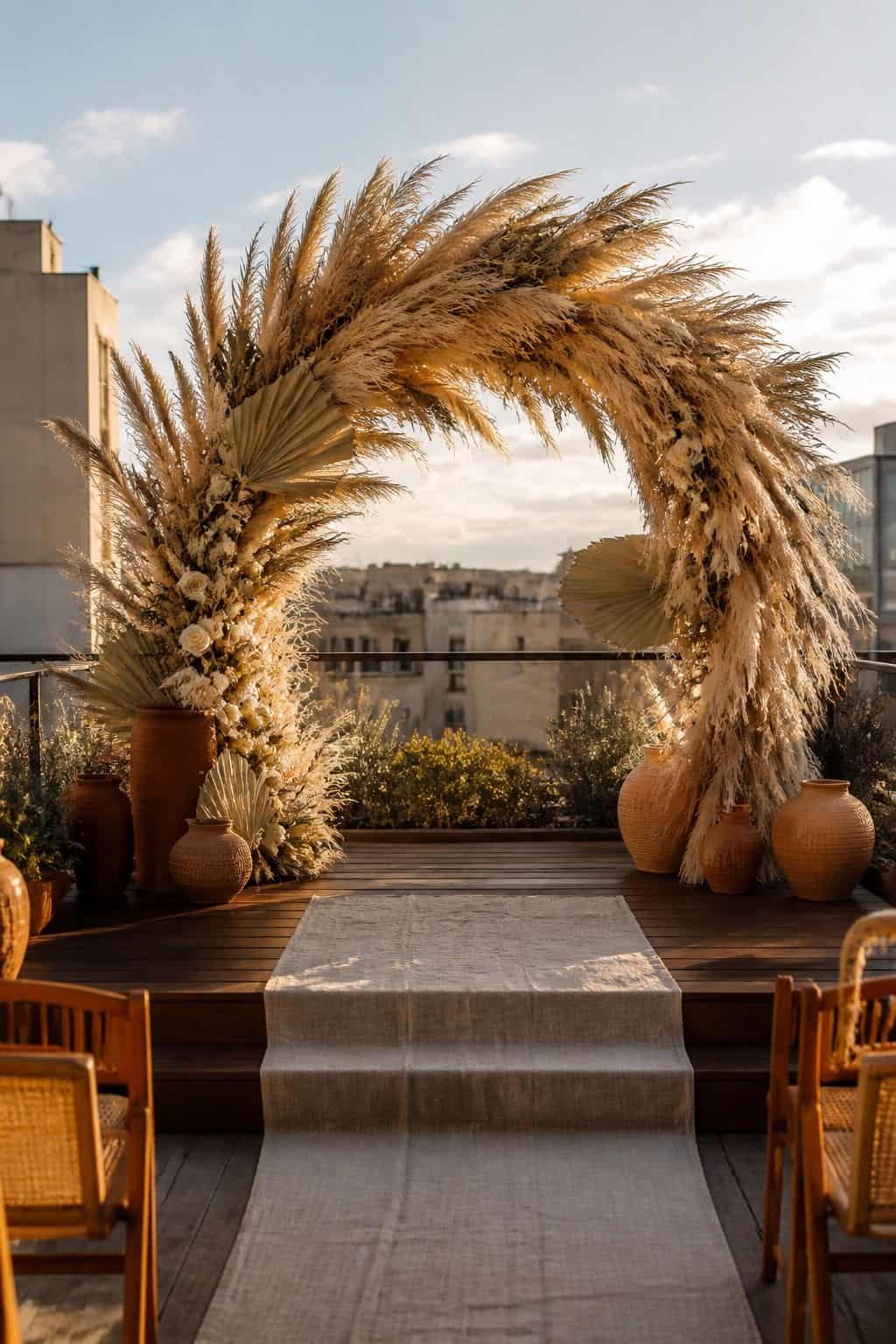 Full pampas plume wedding arch with bleached foliage and rust terracotta pots