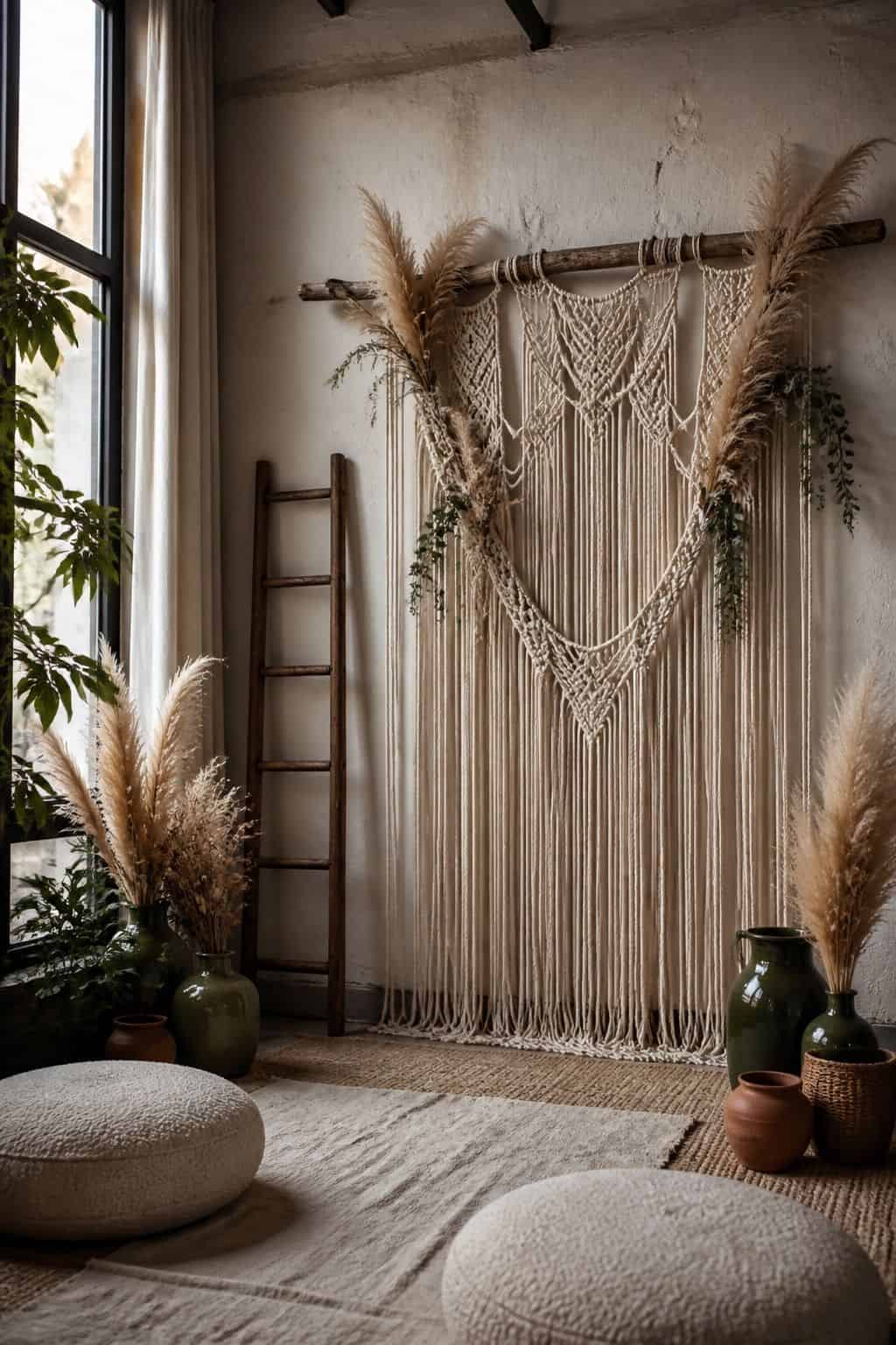 Macrame wedding backdrop with pampas accents, olive ceramics, and soft boho textures