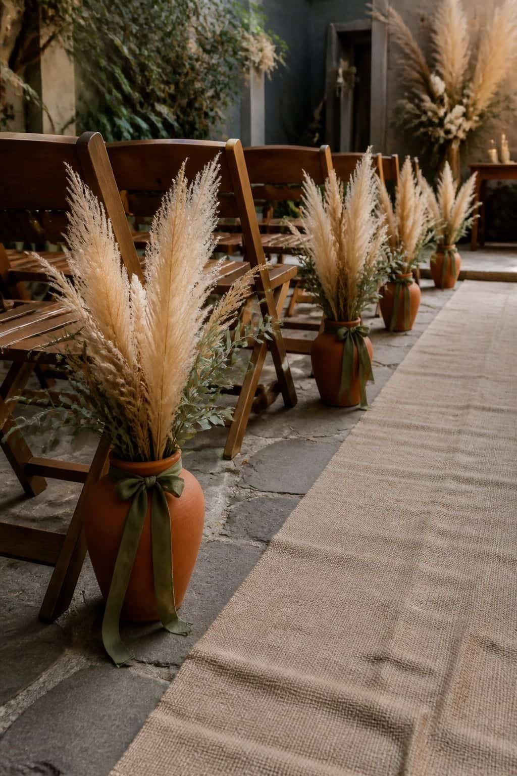 Pampas aisle markers in terracotta pots tied with muted green ribbon along a wedding aisle