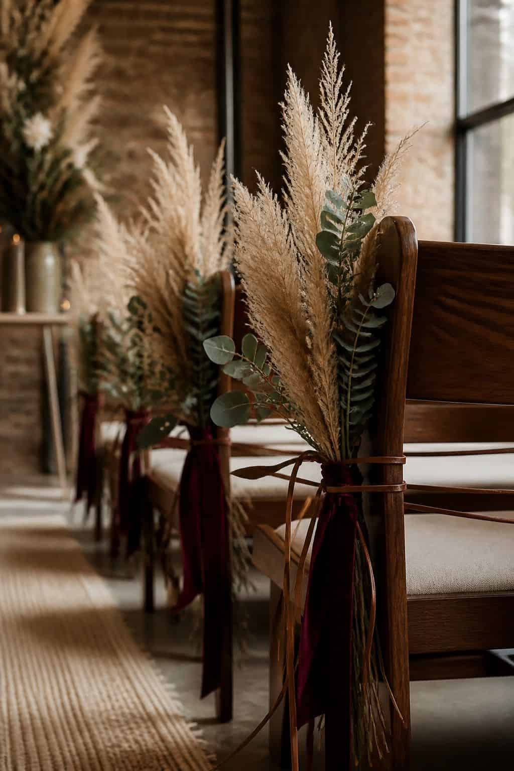 Pampas bundles tied to walnut chair ends with burgundy velvet ribbon and eucalyptus