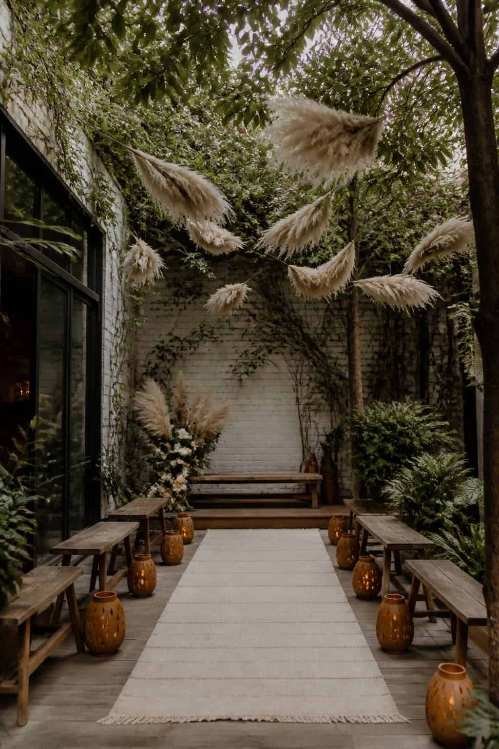 Hanging pampas clusters over a courtyard wedding aisle with ochre lanterns