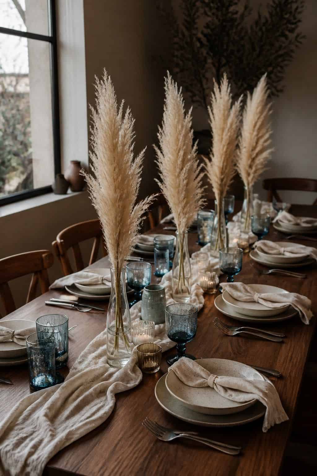 Single pampas plume centerpieces in slim bud vases on a walnut wedding table