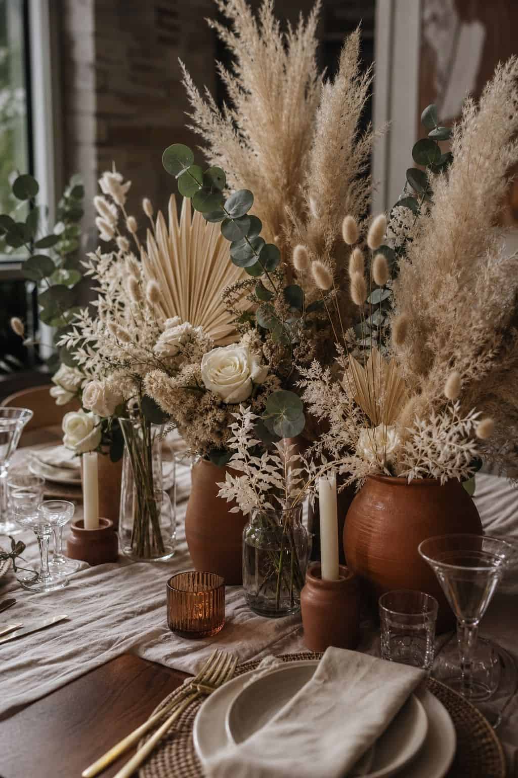 Mixed pampas, eucalyptus, dried florals, and cream roses grouped on a wedding table