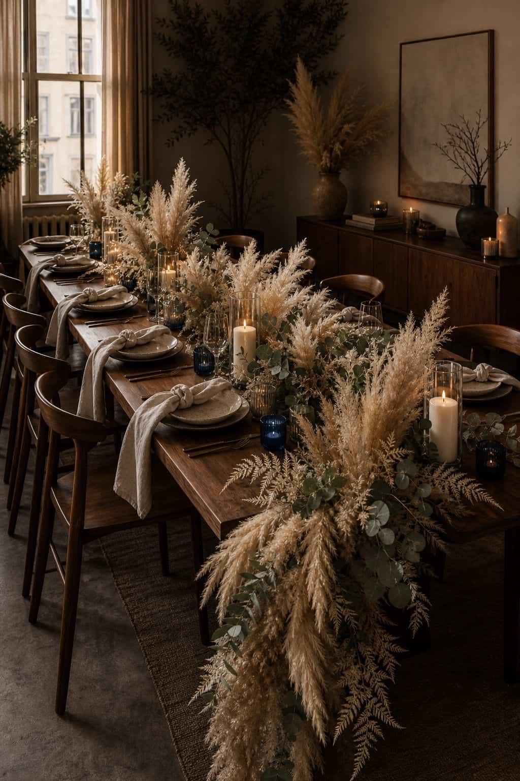 Pampas garland draped down a long walnut wedding table with eucalyptus and blue votives