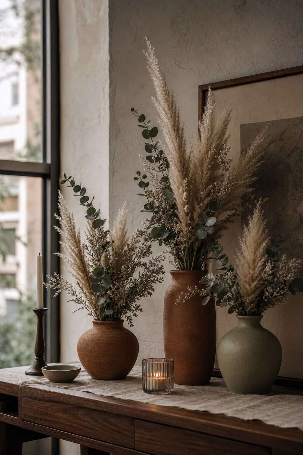 Terracotta vessels with mini pampas and eucalyptus arrangements on a walnut console