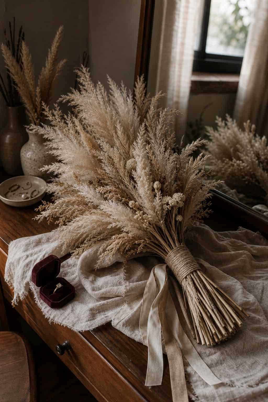 All-pampas bridal bouquet wrapped with cream silk ribbon on linen and walnut