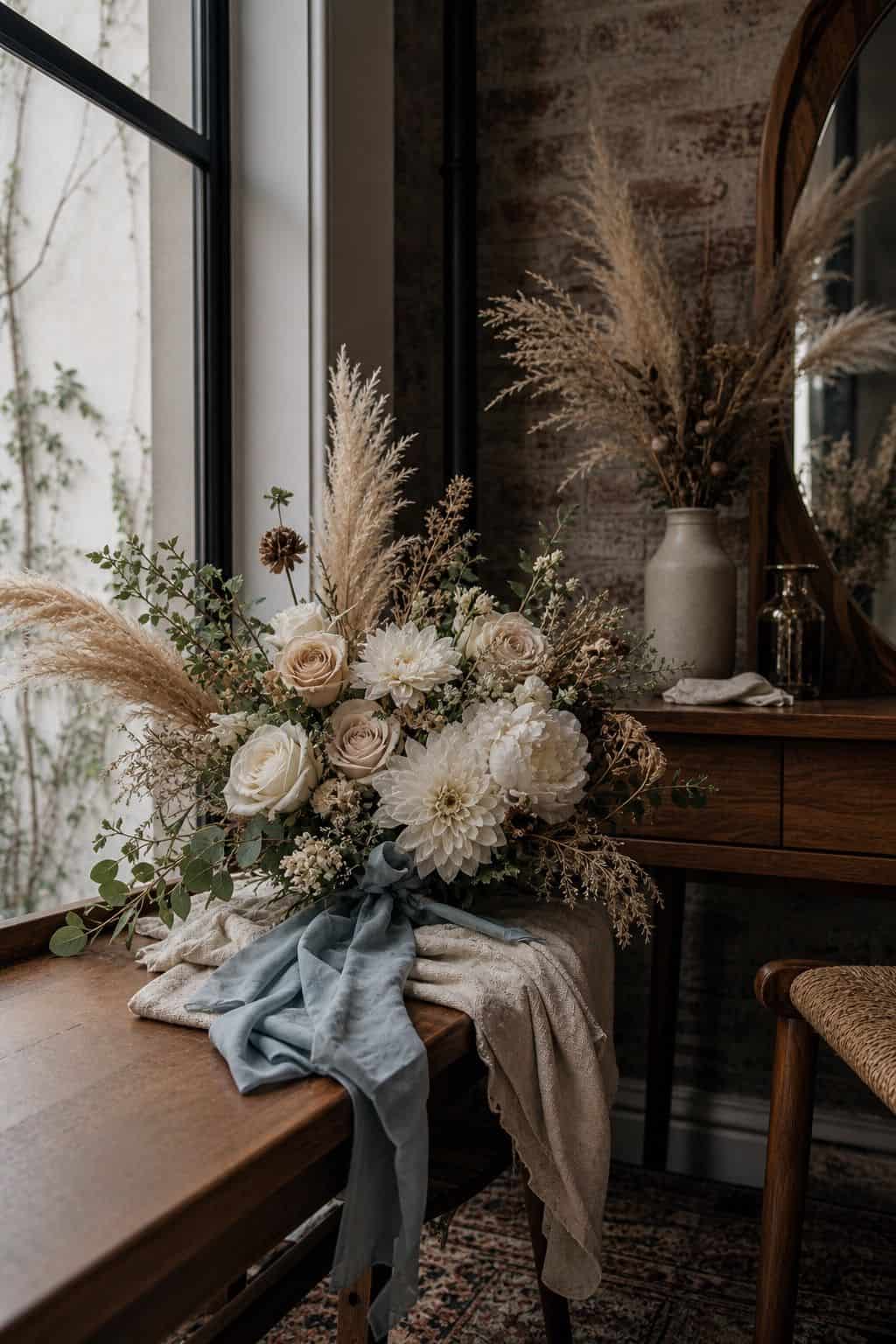 Mixed pampas and fresh floral wedding bouquet with cream flowers and dusty blue ribbon