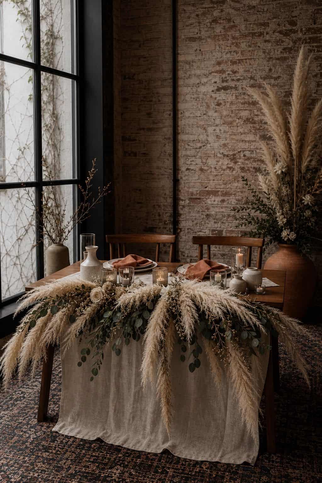 Pampas-lined sweetheart table with cream linen, terracotta napkins, and walnut details