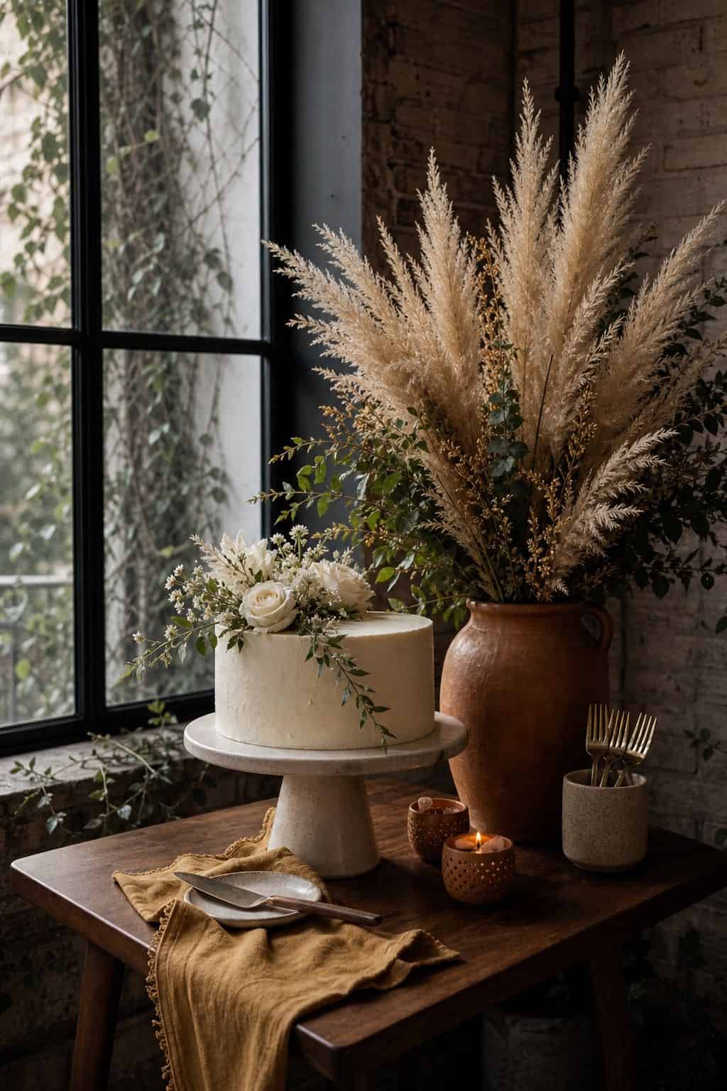 Pampas cake table styling with a simple cake, terracotta vessel, and mustard linen napkins