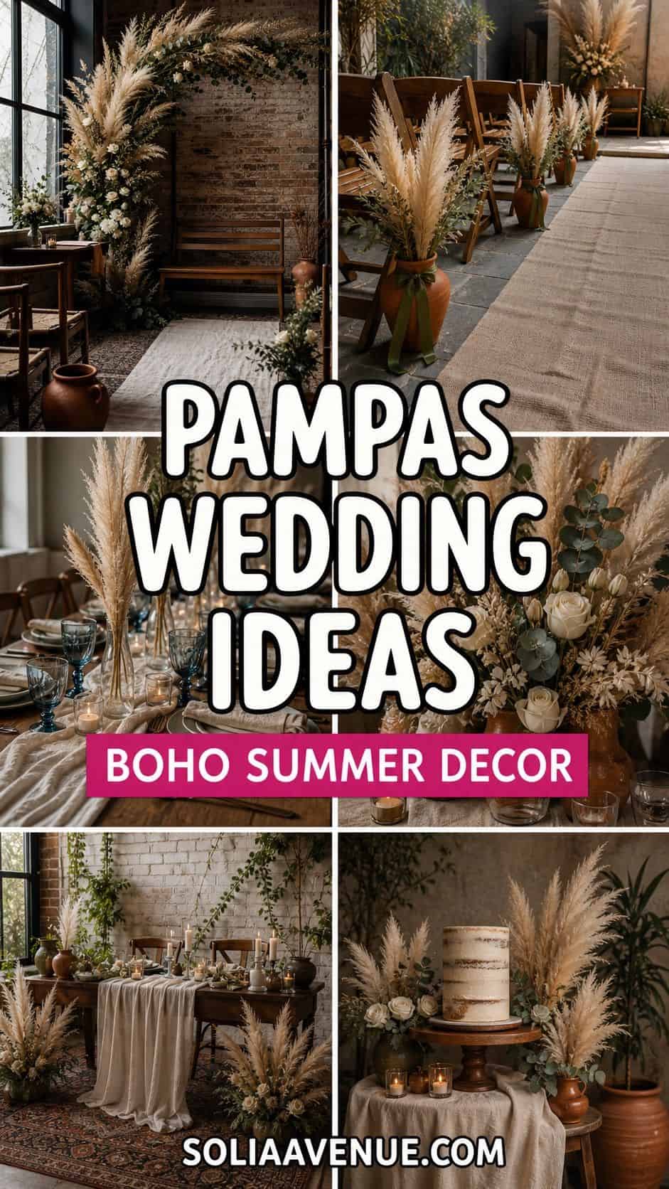 Pinterest collage of pampas grass wedding decor ideas with arches, aisle markers, tables, bouquet, and cake styling