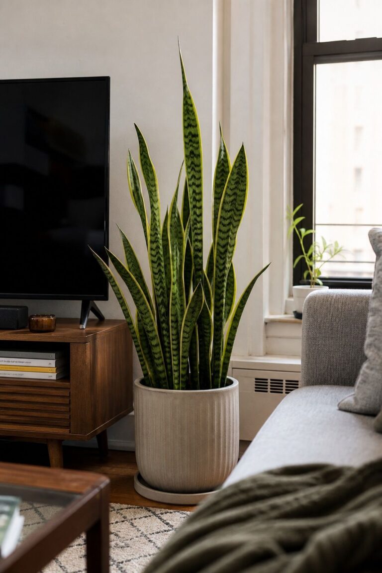 Snake Plant , Water Once a Month, Any Light small apartment idea for Top 16 Plants for Small Apartments That Thrive in Low Light.