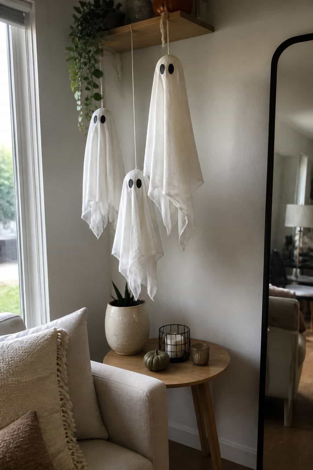 Make Easy Bedsheet or Cloth Ghosts small apartment idea for Top 19 Simple Halloween Decor Ideas for Small Apartments.