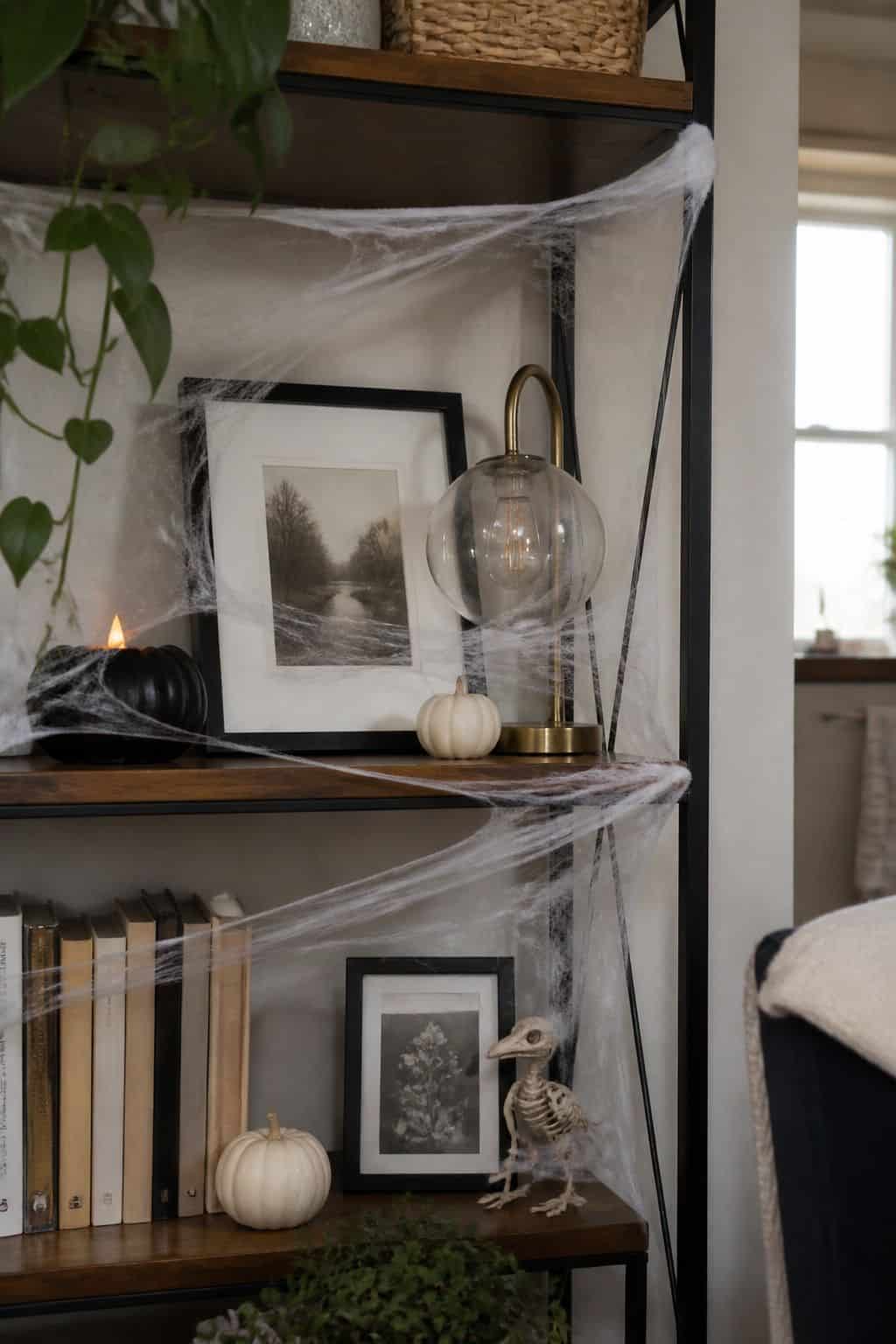 Stretch Faux Cobwebs in Key Spots small apartment idea for Top 19 Simple Halloween Decor Ideas for Small Apartments.