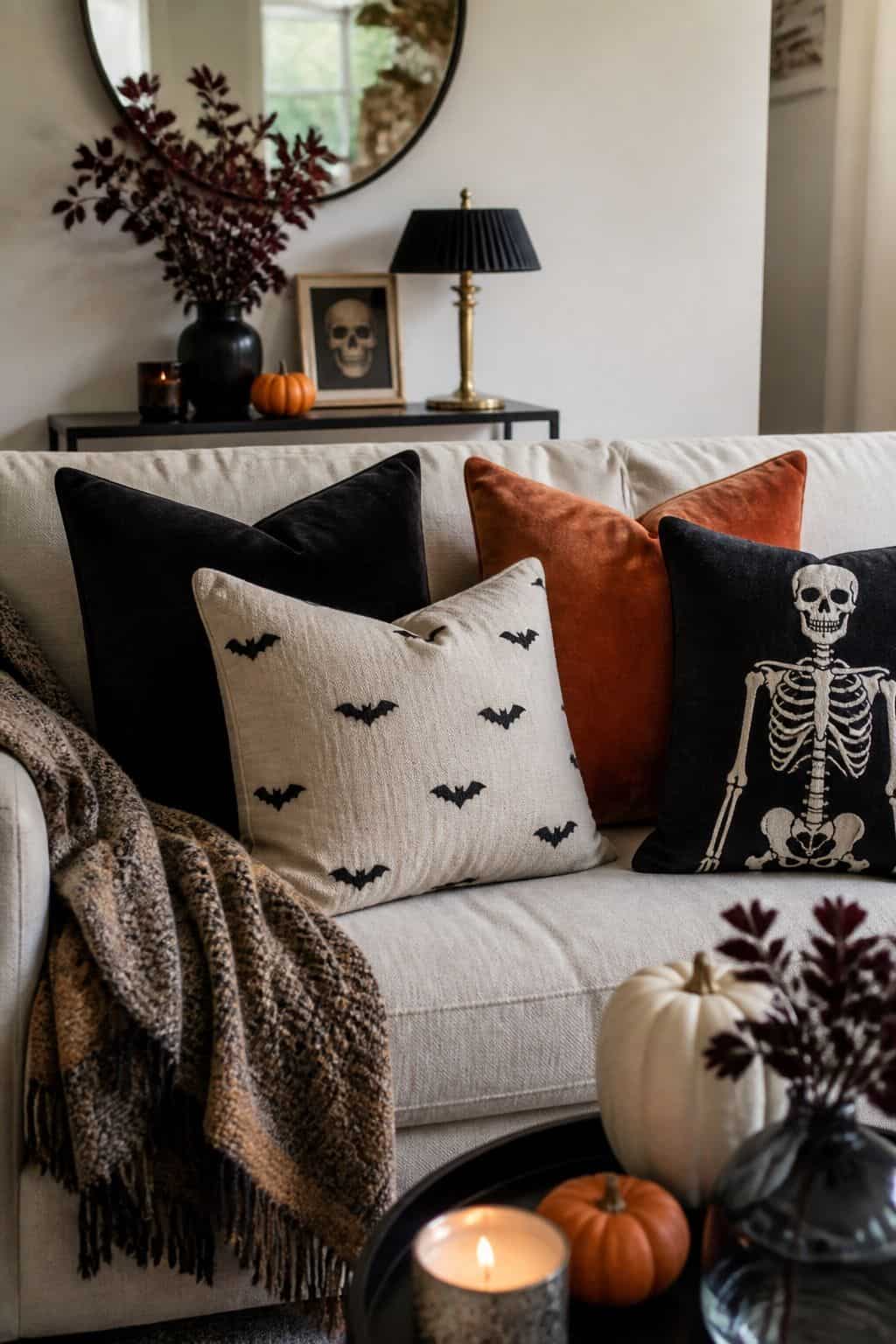 Swap Throw Pillows for Seasonal Ones small apartment idea for Top 19 Simple Halloween Decor Ideas for Small Apartments.