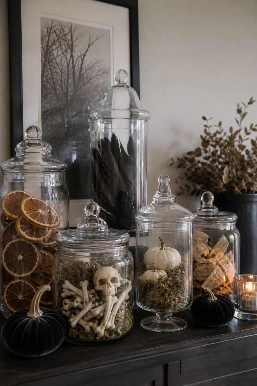 Fill Apothecary Jars With Curiosities small apartment idea for Top 19 Simple Halloween Decor Ideas for Small Apartments.